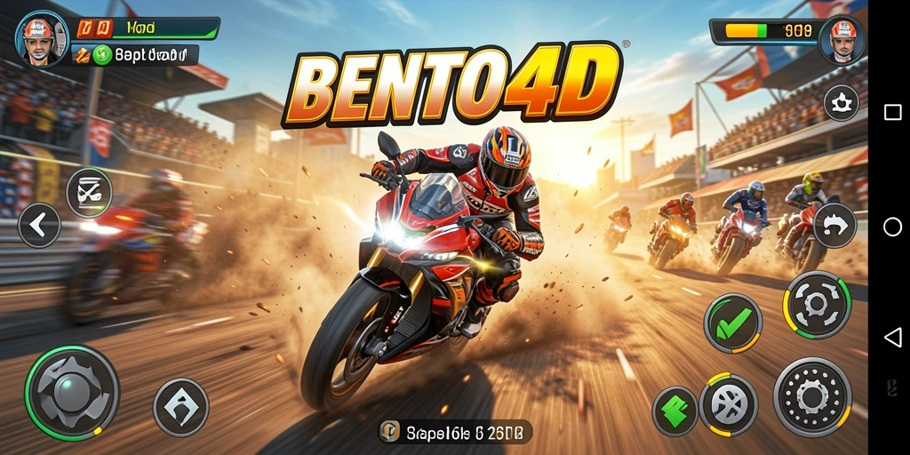 Screenshot dari gameplay BENTO4D yang menunjukkan balapan motor yang seru.