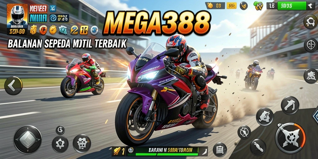 Screenshot MEGA388 menampilkan aksi balapan sepeda motor yang intens.